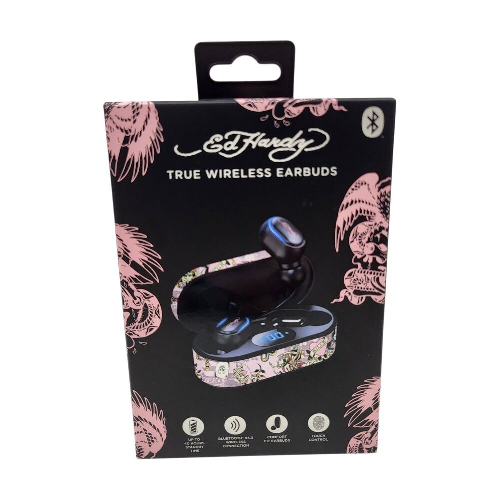 Ed Hardy True Wireless Earbuds Pink Tattoo Skulls Designer New